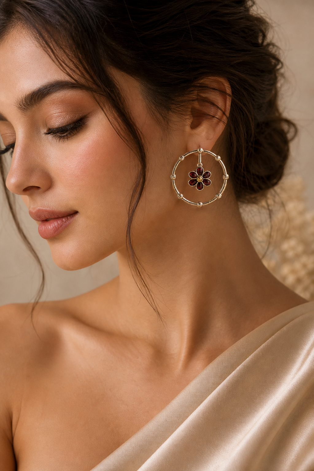 Red Floral Oxidised Earrings - QUEENS JEWELS 