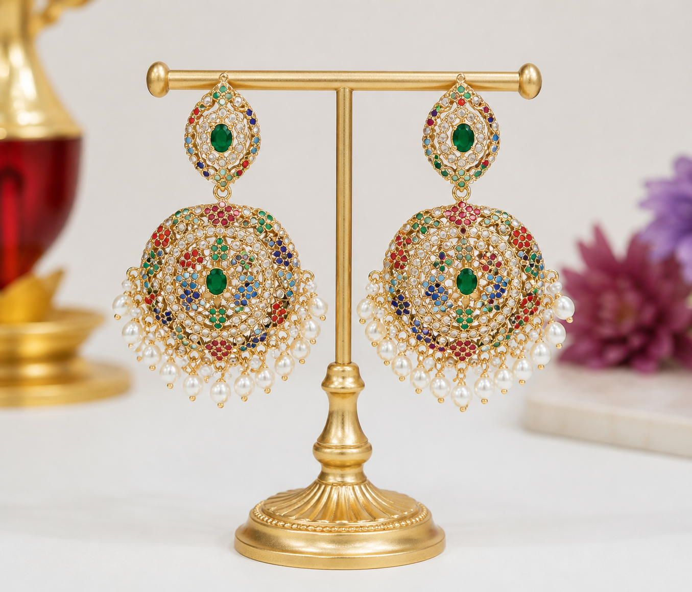 Isha Navratan Jadau Chaandbali Earrings - QUEENS JEWELS 