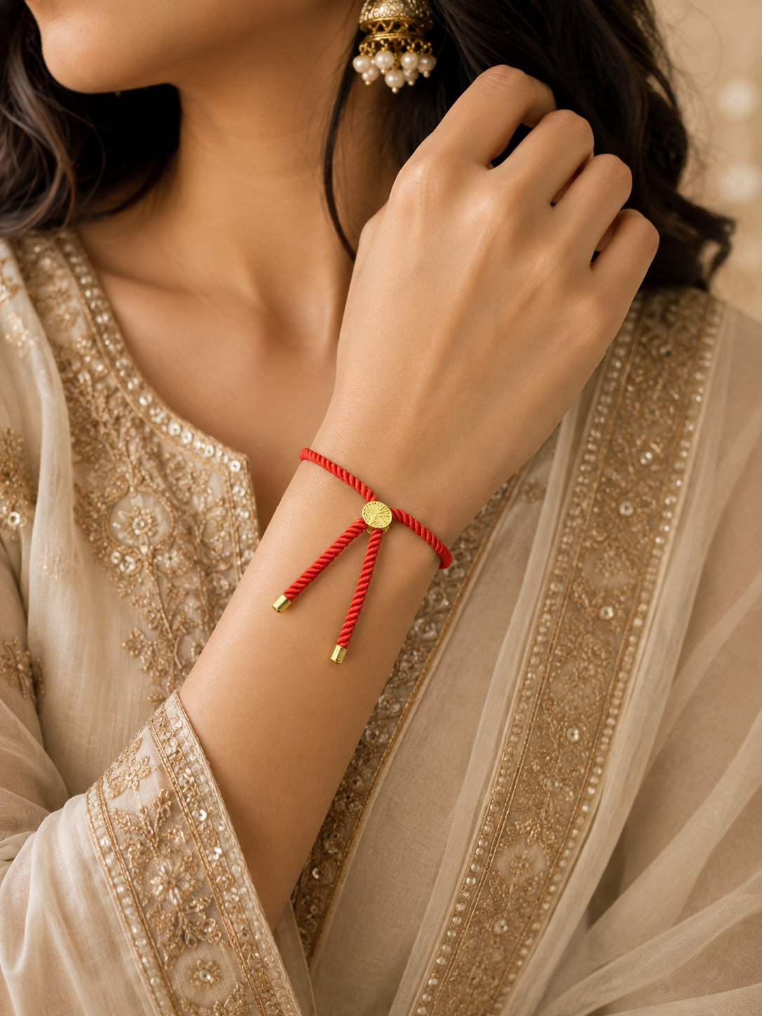 Coral Jadau Thread Bracelet/Rakhi