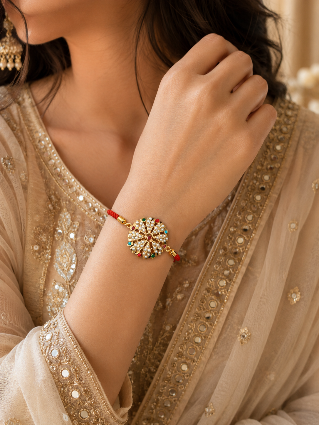 Coral Jadau Thread Bracelet/Rakhi 2
