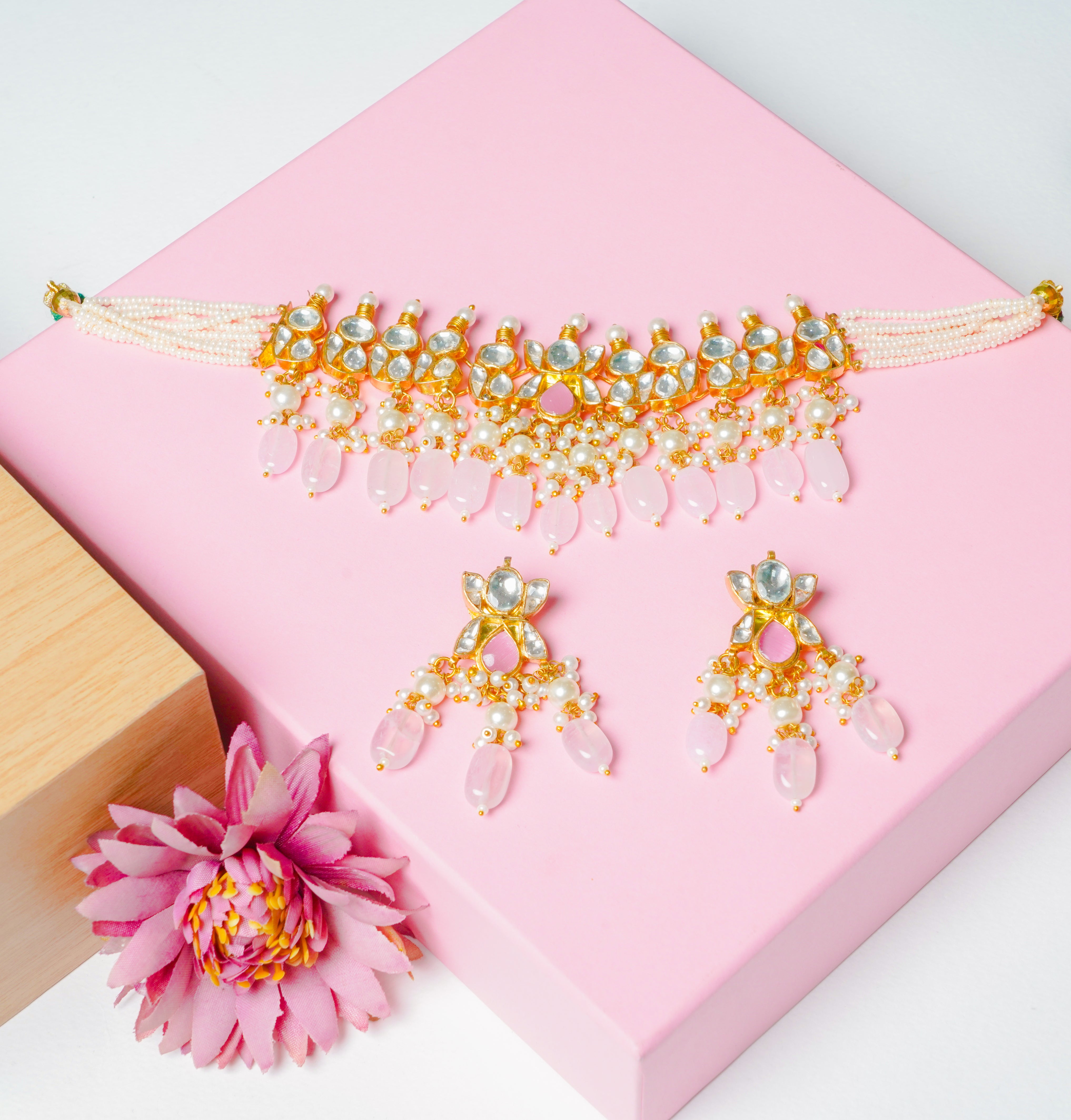 Pretty Pink Pachi Kundan Necklace and Earrings Set - QUEENS JEWELS