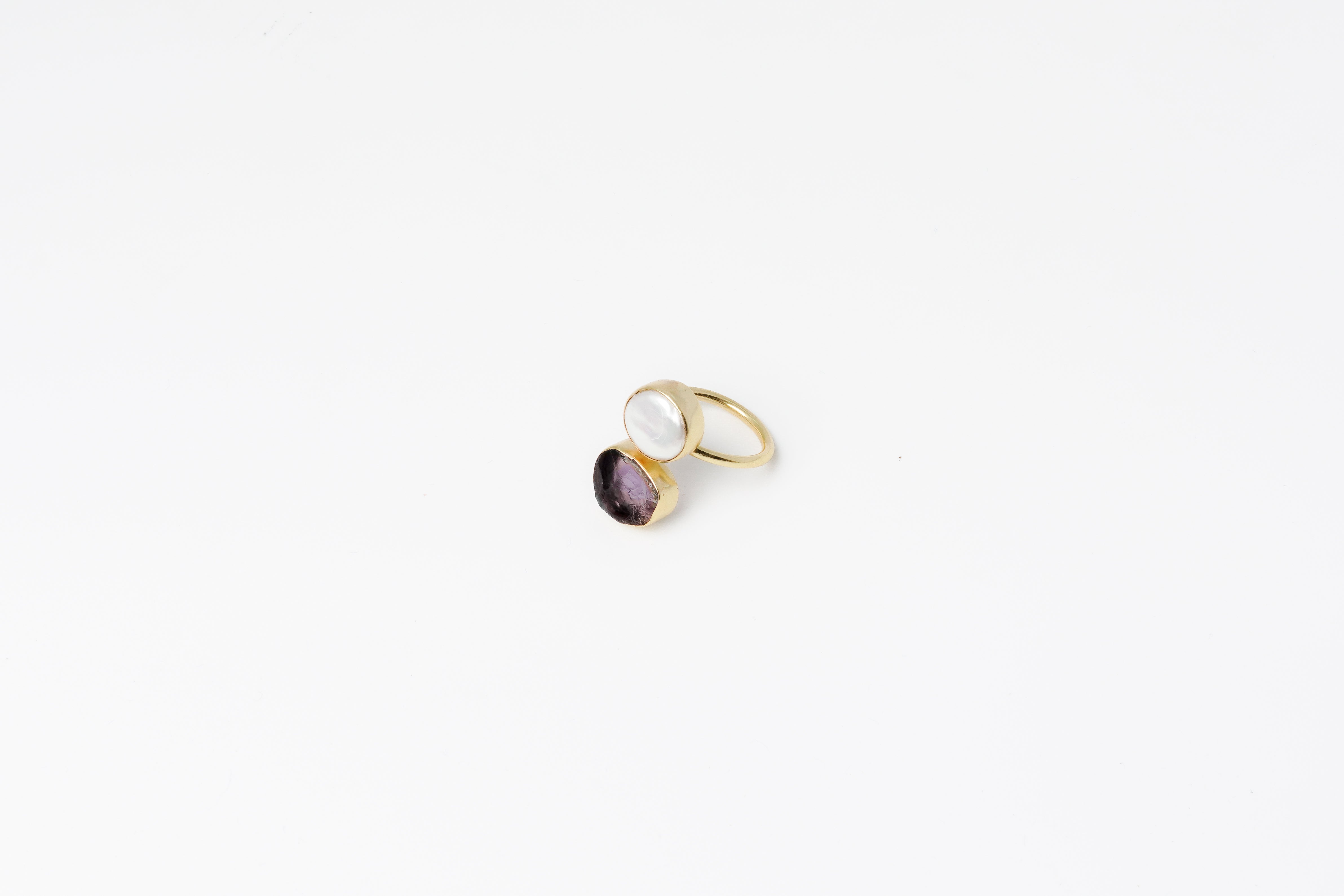 Gold Plated Rough Amethsyt  With White Twin Stone Adjustable Ring 