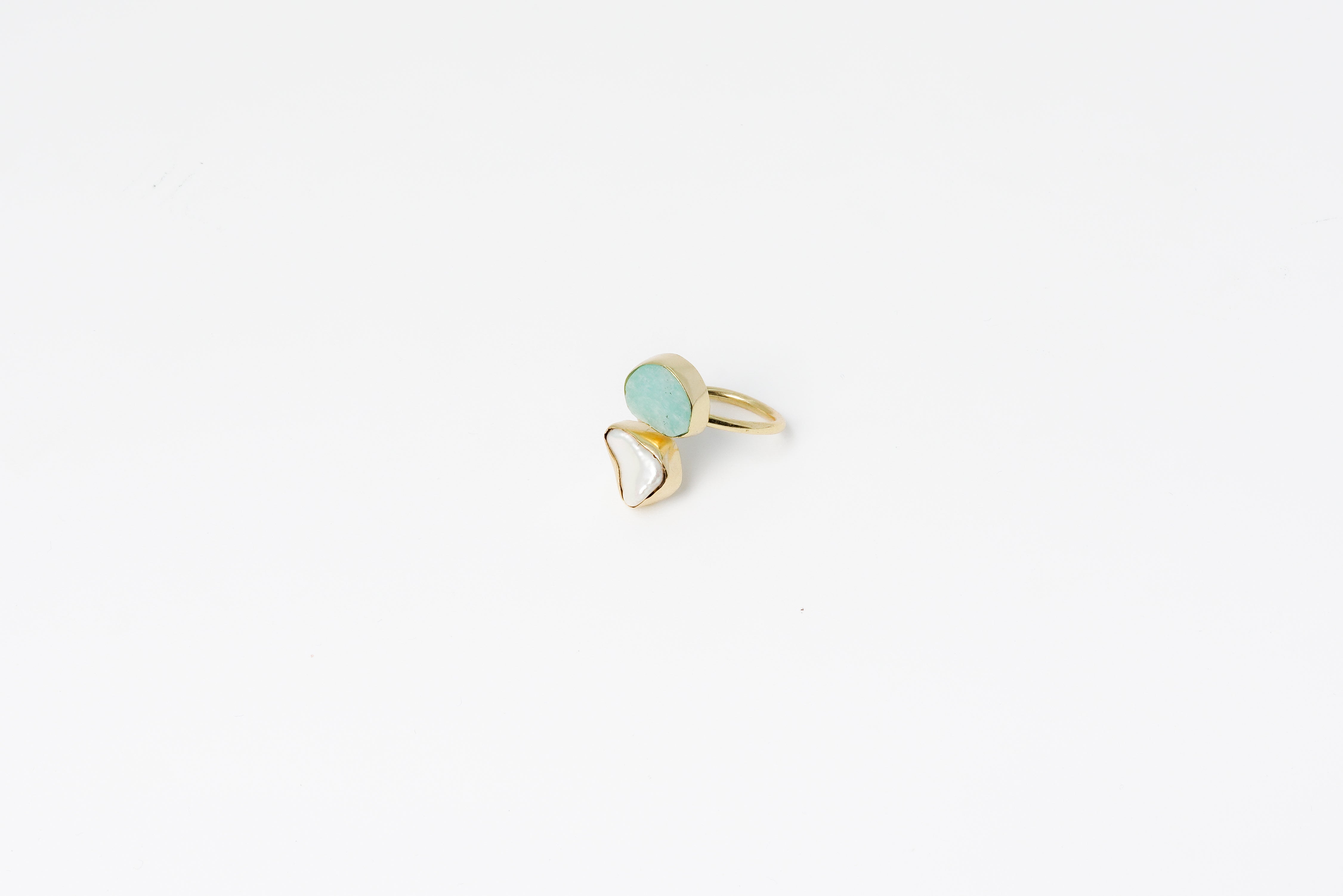 Gold Plated Rough Aqua With White Twin Stone Adjustable Ring 