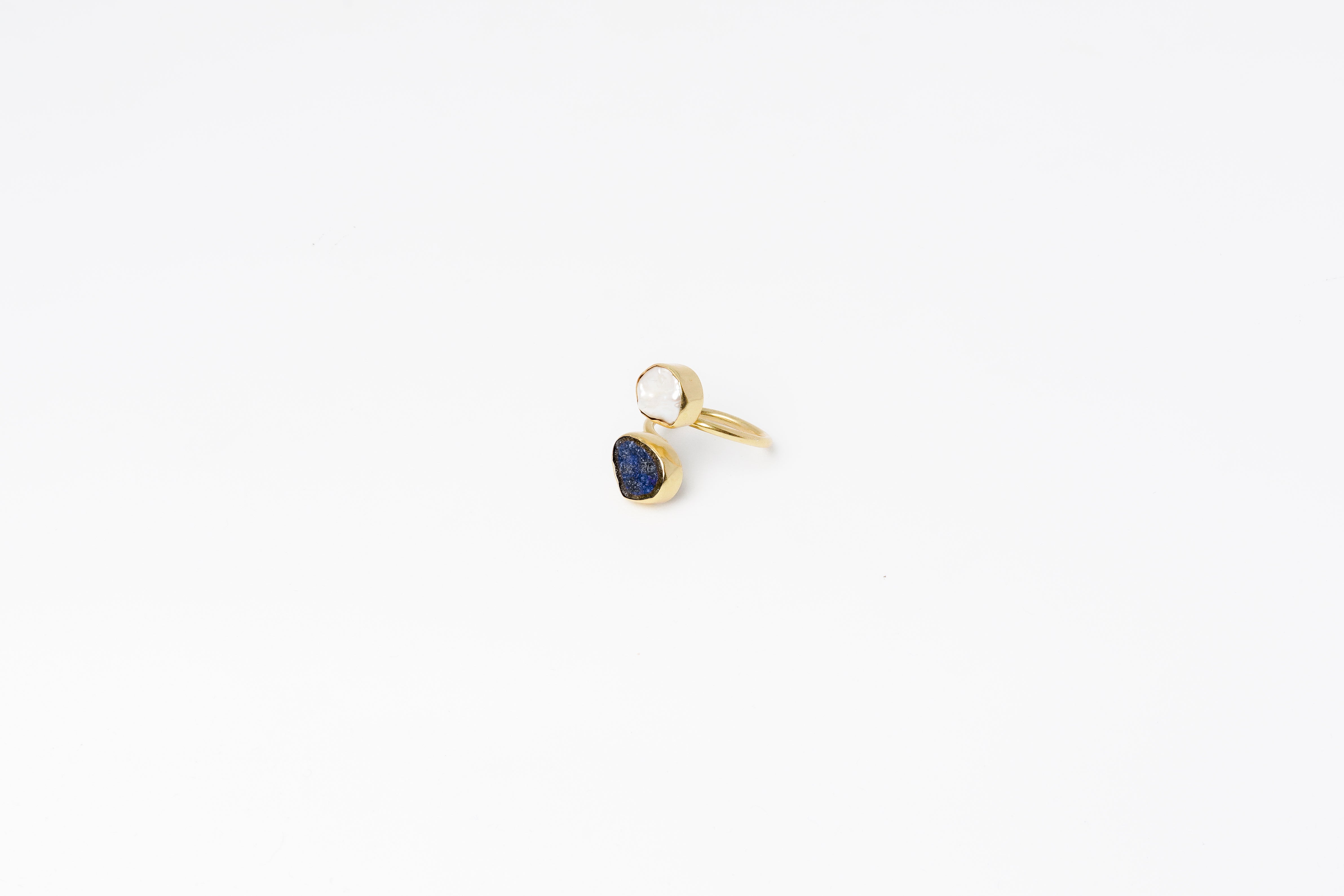 Gold Plated Rough Blue Crystal With White Twin Semi precious Stone Adjustable Ring 