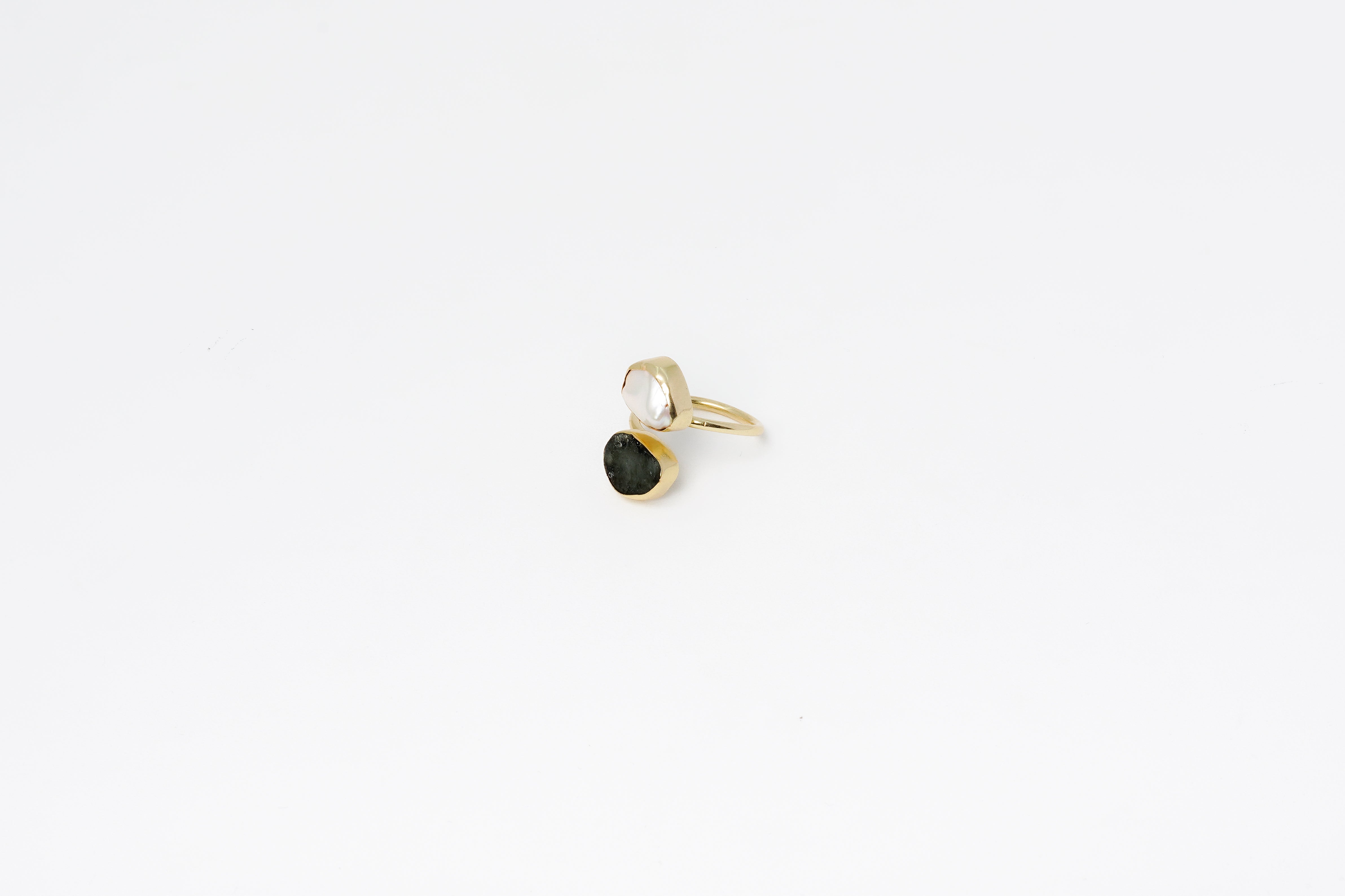 Gold Plated Rough Green Crystal With White Twin Semi precious Stone Adjustable Ring 
