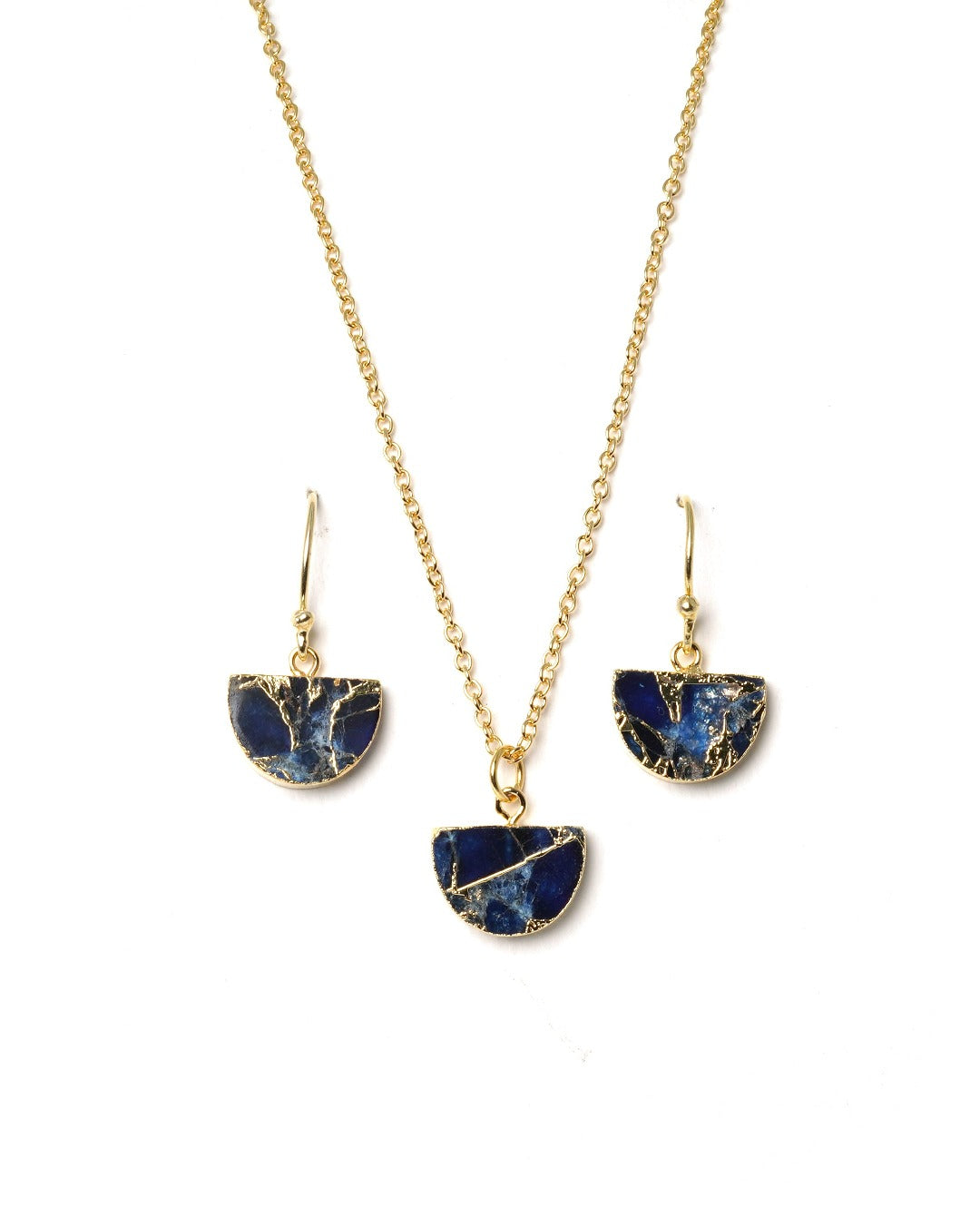 Half moon shaped midnight blue pendant with small earrings