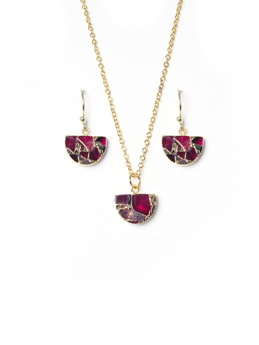 Half moon shaped ruby red pendant with small earrings
