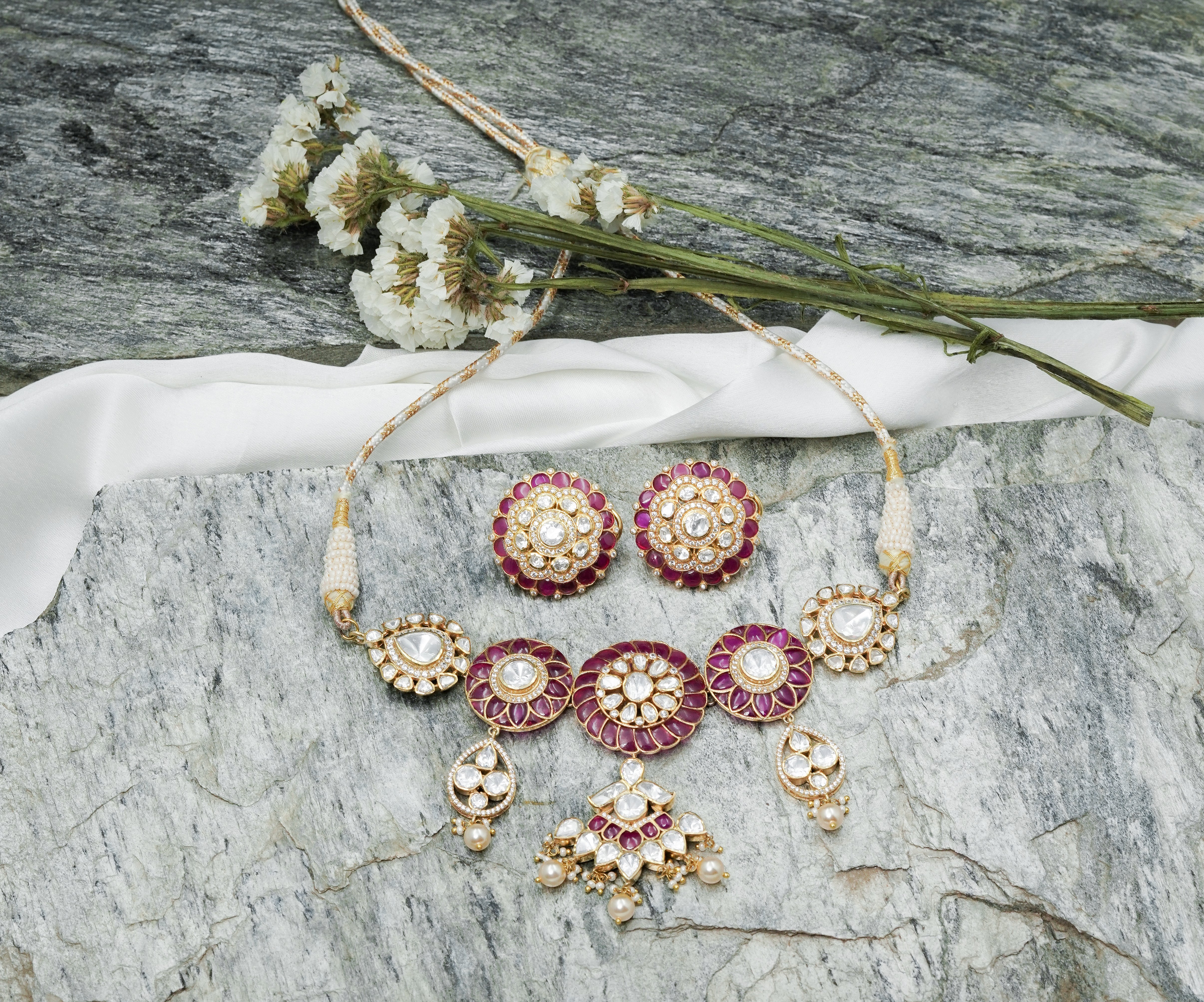 Majestic Polki Necklace Set with Earrings - QUEENS JEWELS