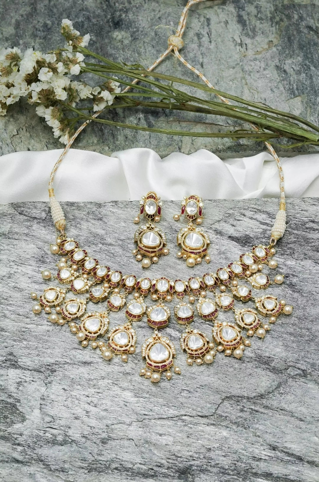 Gold Tone Kundan & Pearl Drops Traditional Necklace Set - QUEENS JEWELS