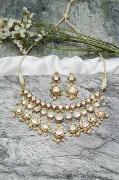 Gold Tone Kundan & Pearl Drops Traditional Necklace Set - QUEENS JEWELS