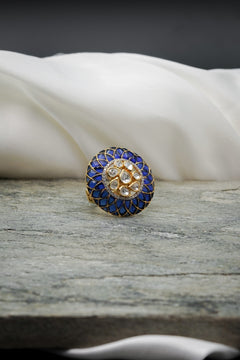 Blue Sunflower Look Alike With White Stone Kundan Adjustable Ring