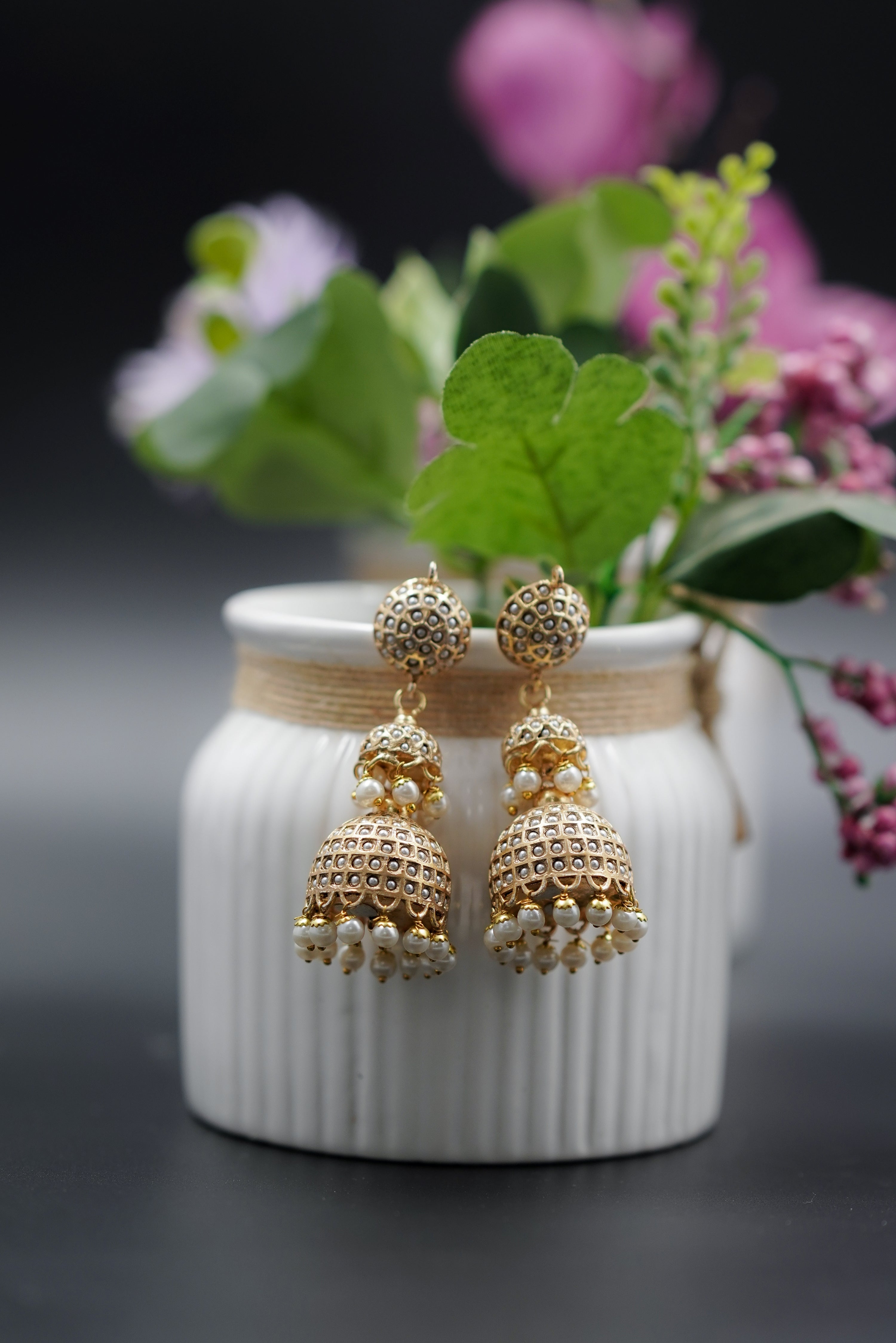 Gold plated sona moti white pearls jhumka earrings