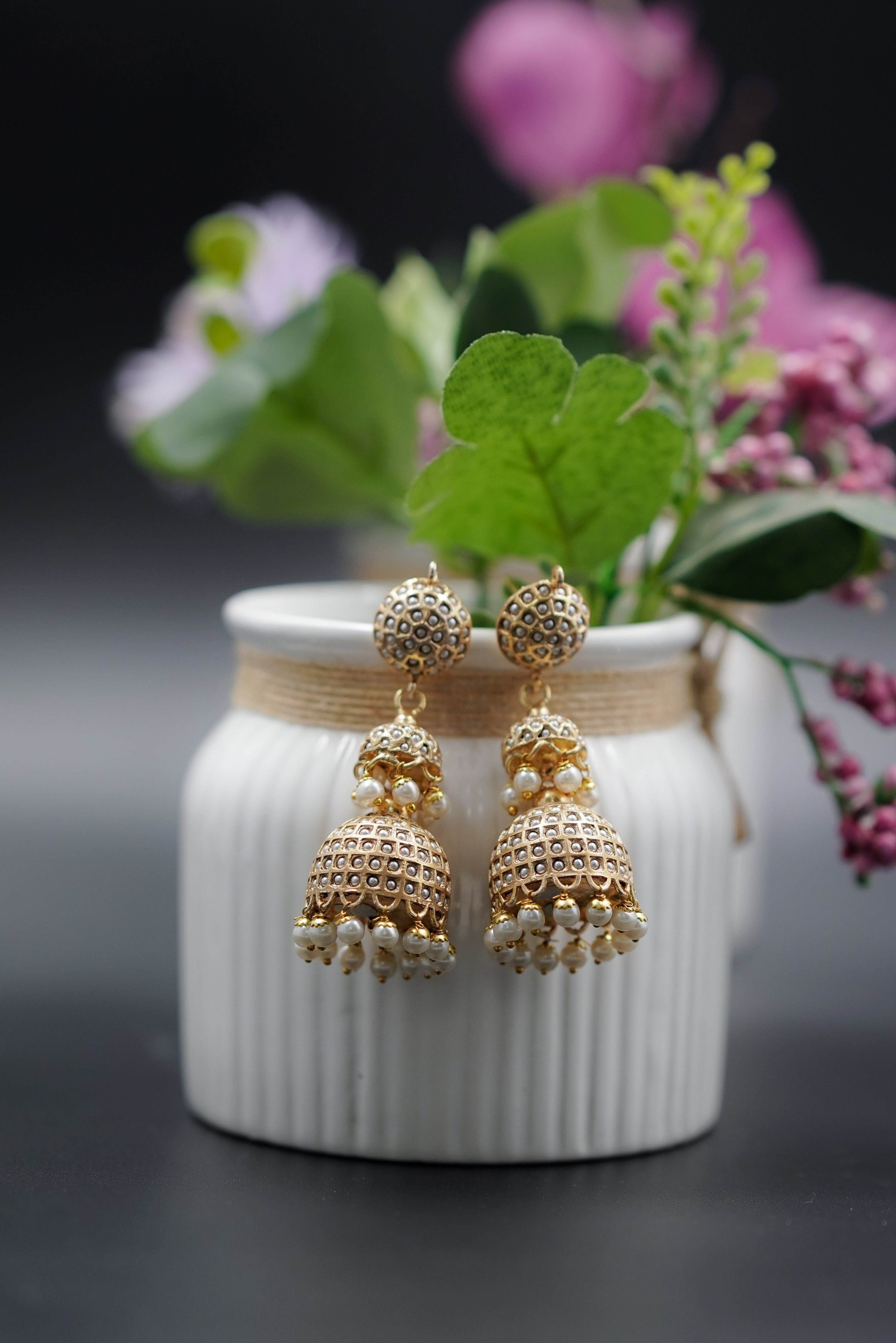 Sona Moti Jadau Double Layered Jhumka Earrings - QUEENS JEWELS