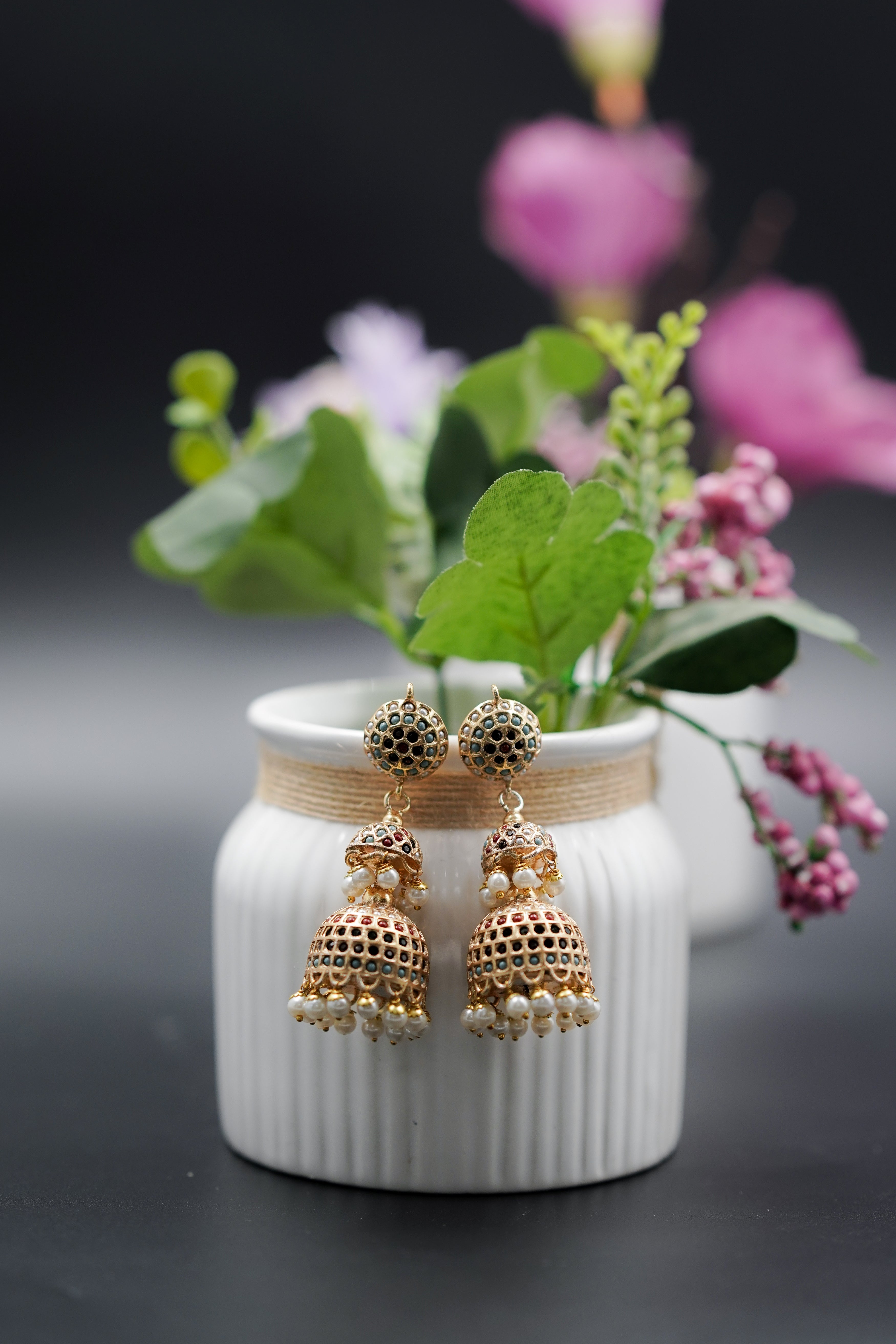 Sona Moti Jadau Double Layered Jhumka Earrings - QUEENS JEWELS