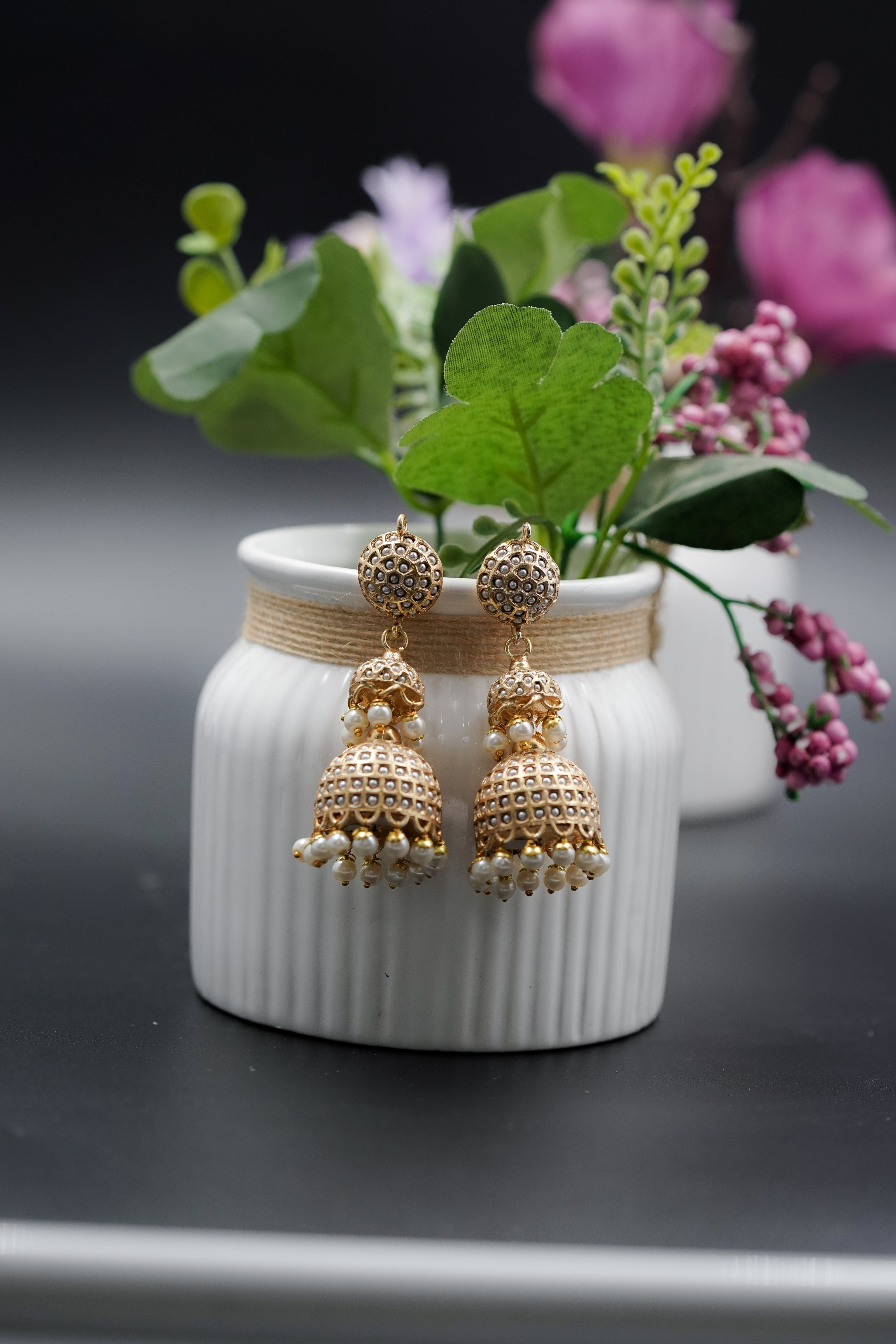 Gold plated sona moti white pearls jhumka earrings