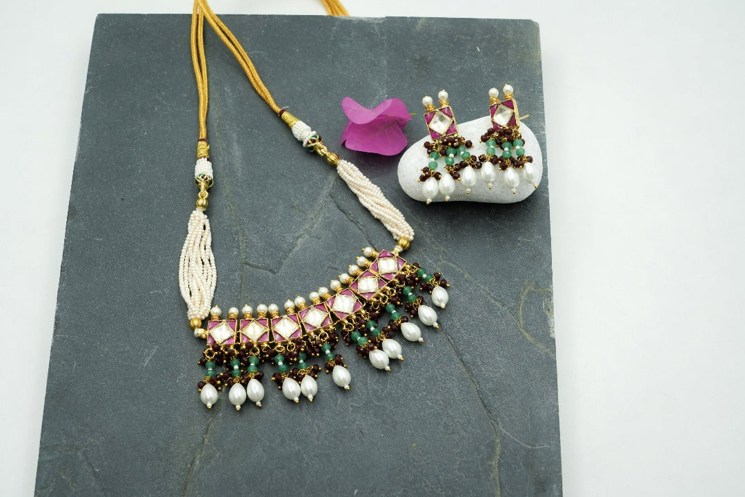 Green & ruby red with white pearl drops pachi kundan choker set with earrings