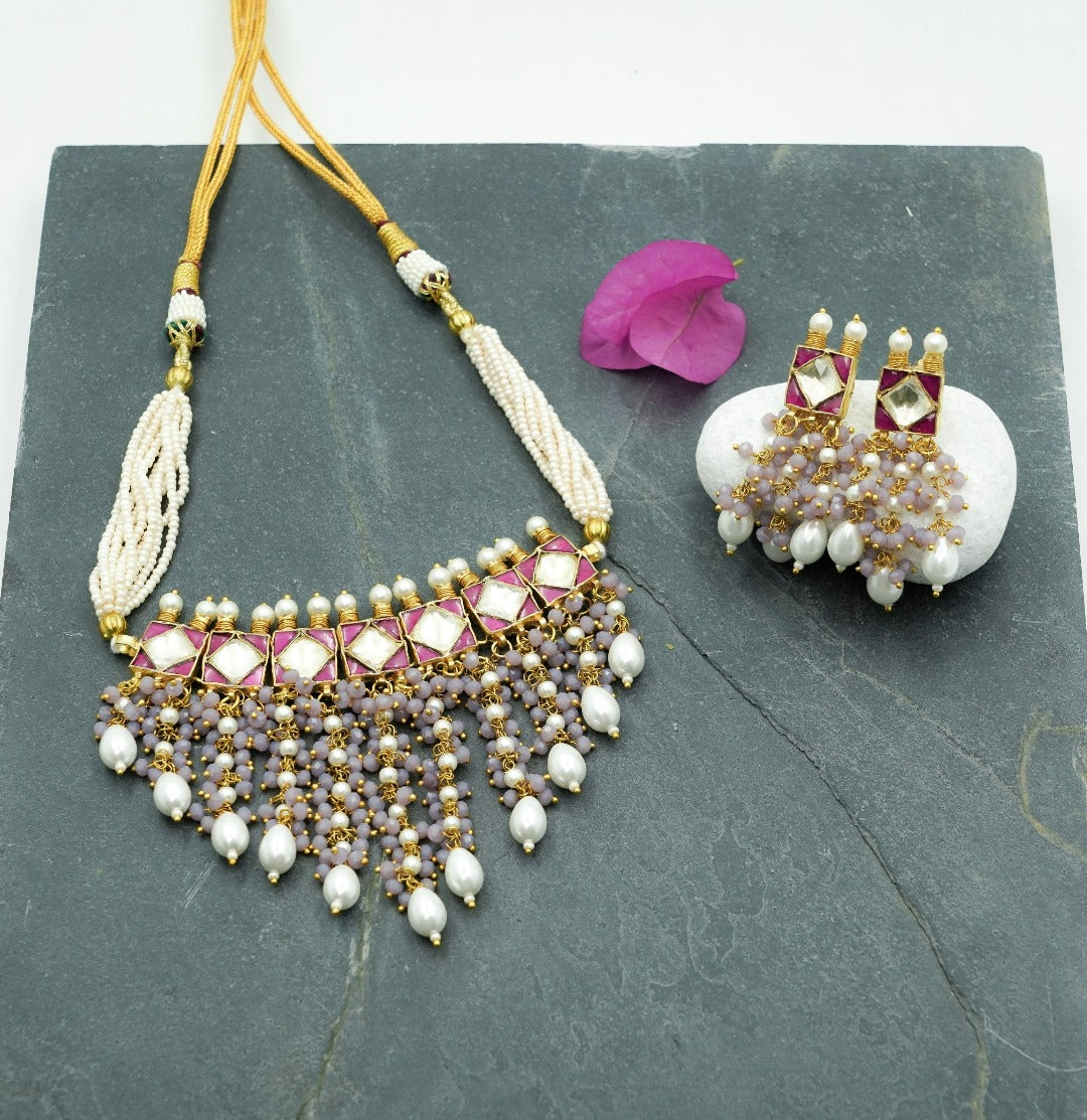 Bejeweled Kundan Choker with Earrings (Necklace and Earrings Set) - QUEENS JEWELS