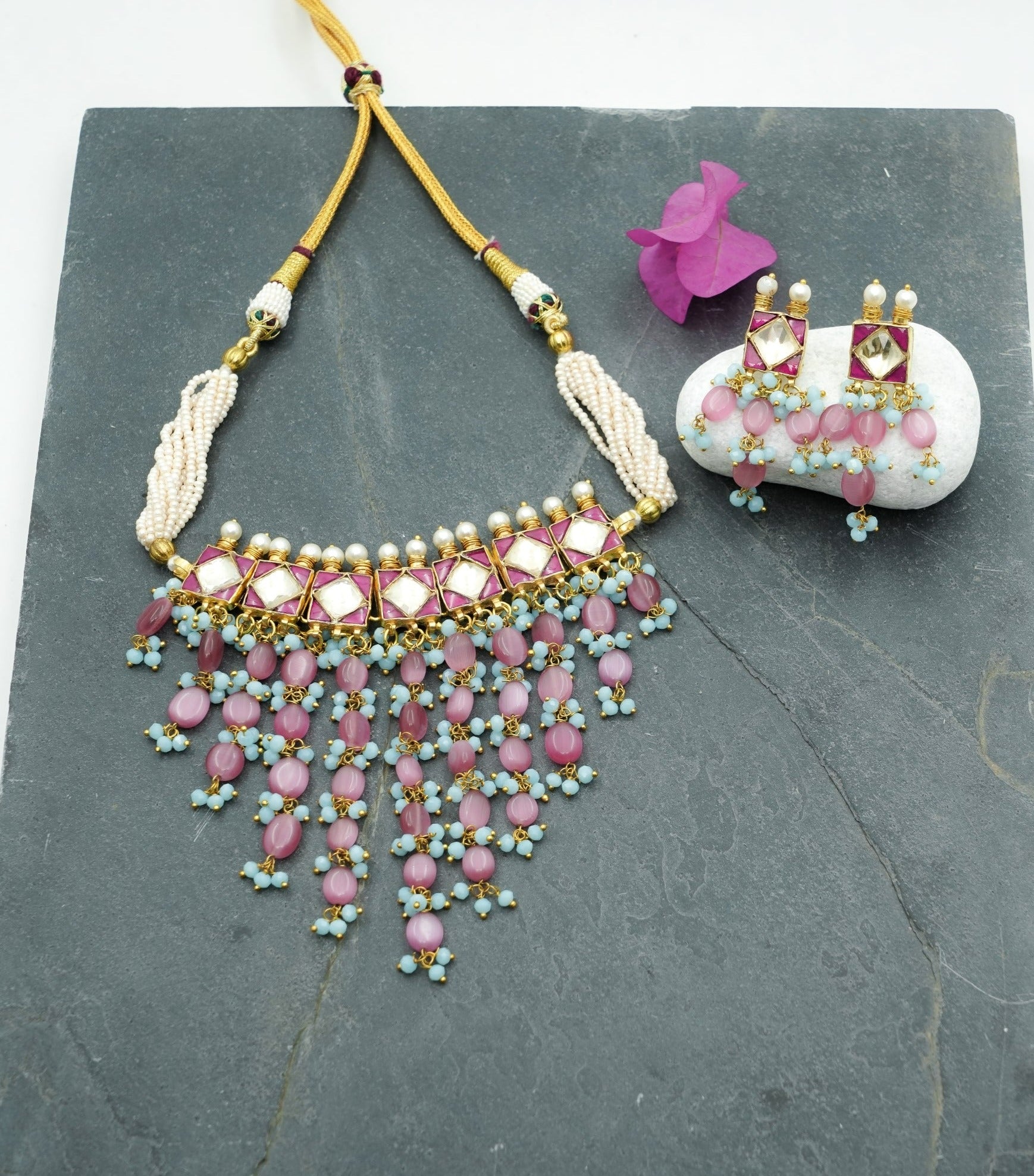 Pachi Kundan Choker with Mani Stone Drops and Square Stud Danglers (Necklace and Earrings Set) - QUEENS JEWELS