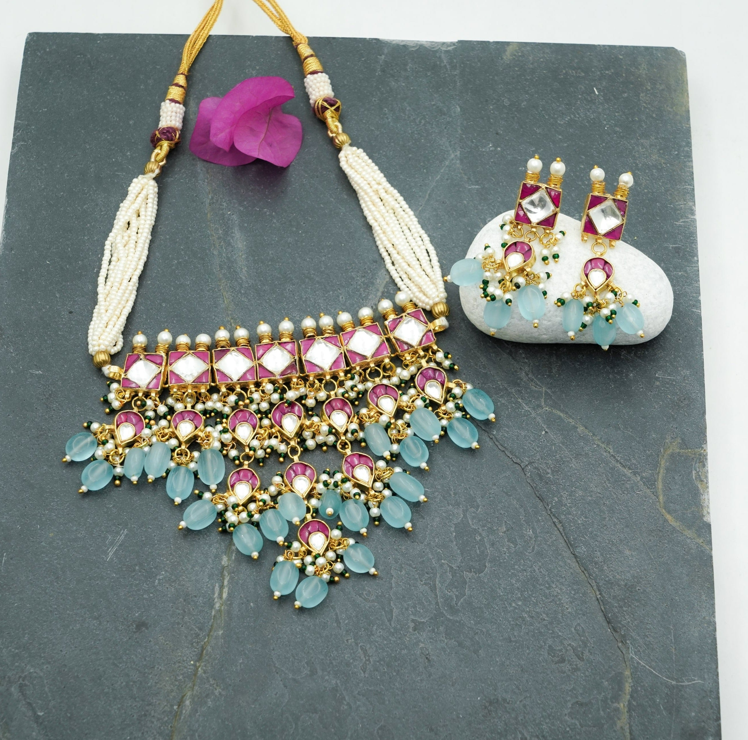 Ruby red & aqua blue beads drop pachi kundan choker set with earrings