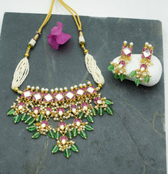 Ruby red & green beads drop pachi kundan choker set with earrings