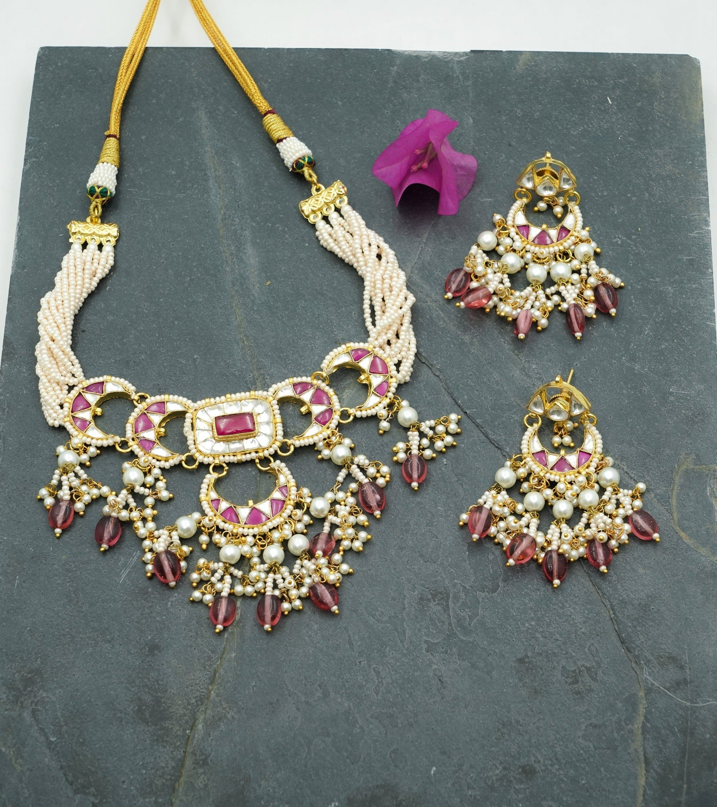 Traditional Maroon Pachi Kundan Choker with Earrings (Necklace and Earrings Set) - QUEENS JEWELS