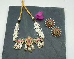 Multicolour pearl drops kundan choker set with earrings