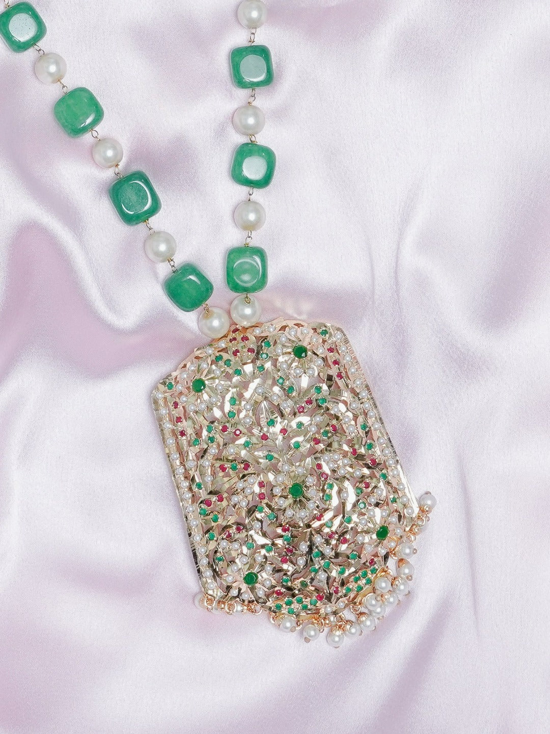 Green mani stones with navratan jadau pendant long necklace