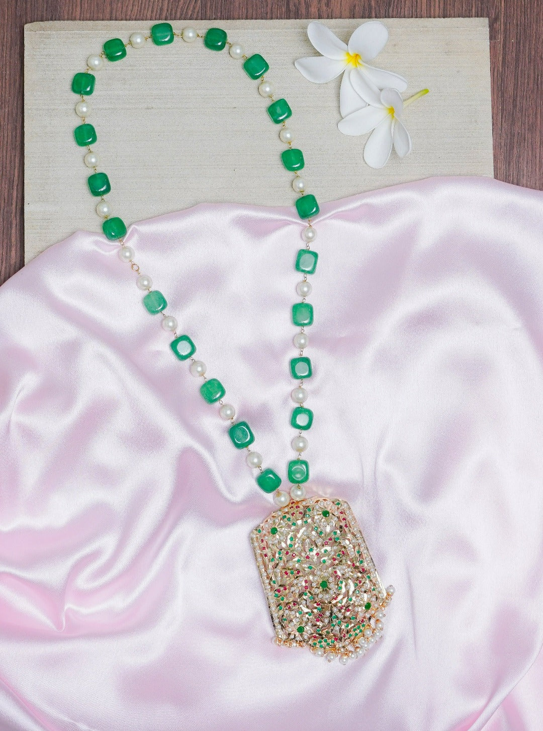 Green mani stones with navratan jadau pendant long necklace