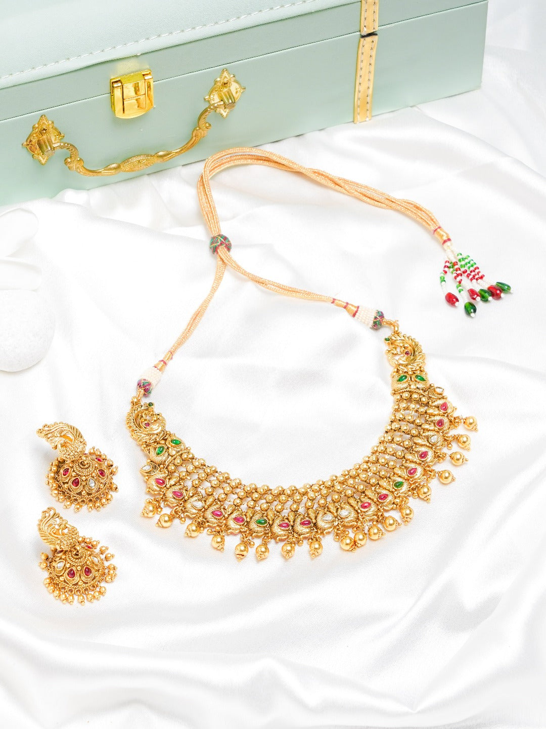 Gold Plated Peacock Motif Temple Choker Set  (Necklace & Earrings) - QUEENS JEWELS