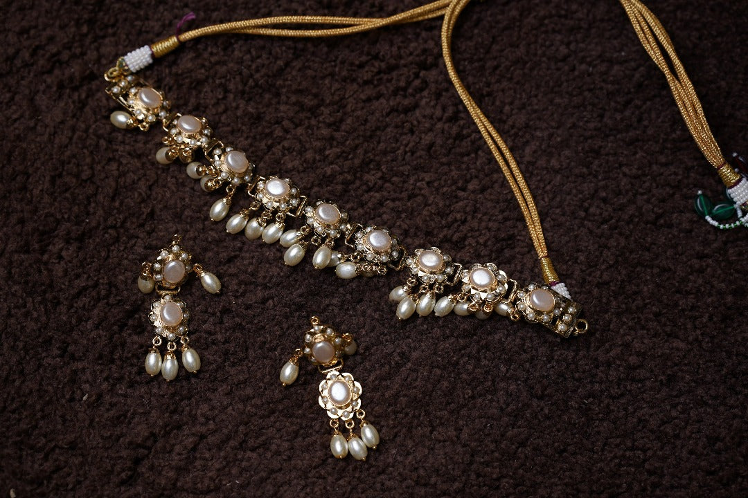 Ahalya Jadau Choker with Earrings (Necklace and Earrings Set) - Pearl white - QUEENS JEWELS