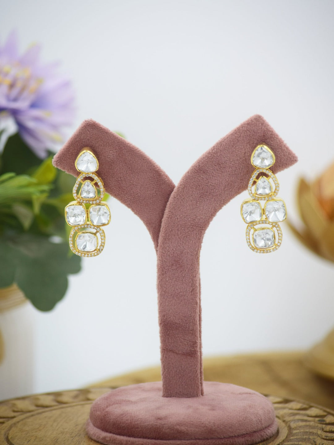 Gold Plated Synthetic Moissanite Silver Polki Earrings - QUEENS JEWELS