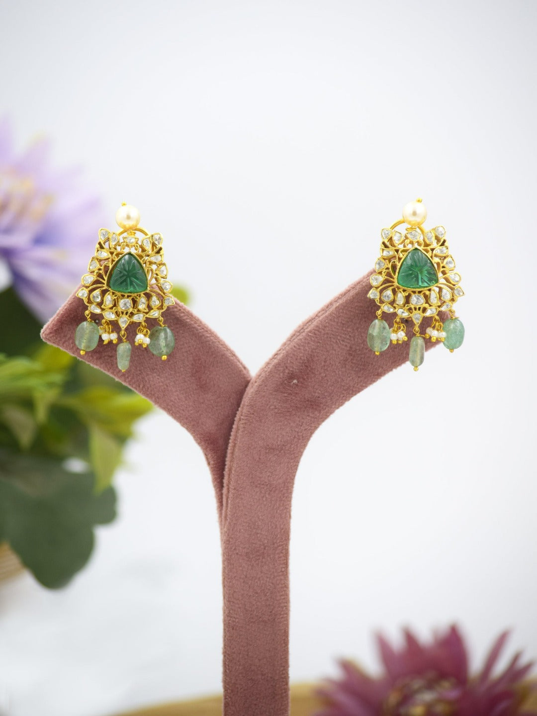 Green Carved Gold Plated 925 Silver Earring - QUEENS JEWELS