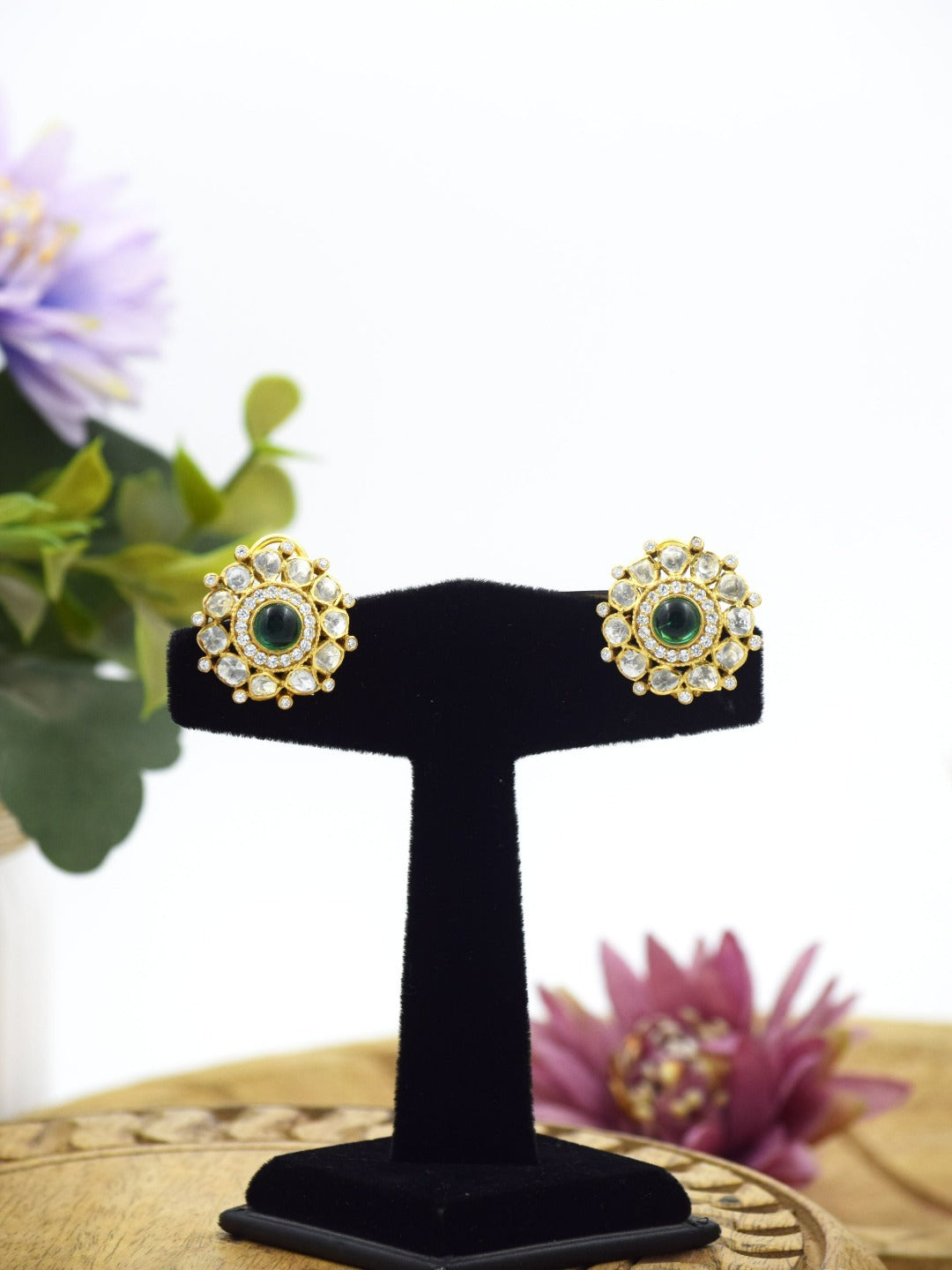 Gold Plated 925 Silver Moissanite Polki Studs - QUEENS JEWELS