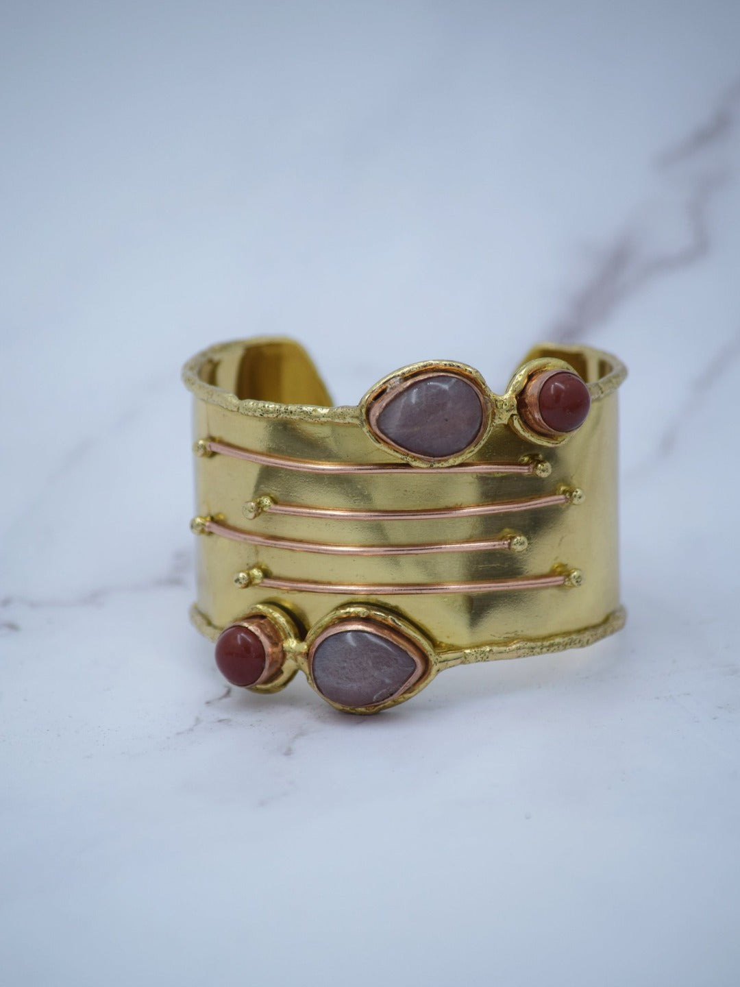 Gold Plated Pink Opal Wide Adjustable Cuff