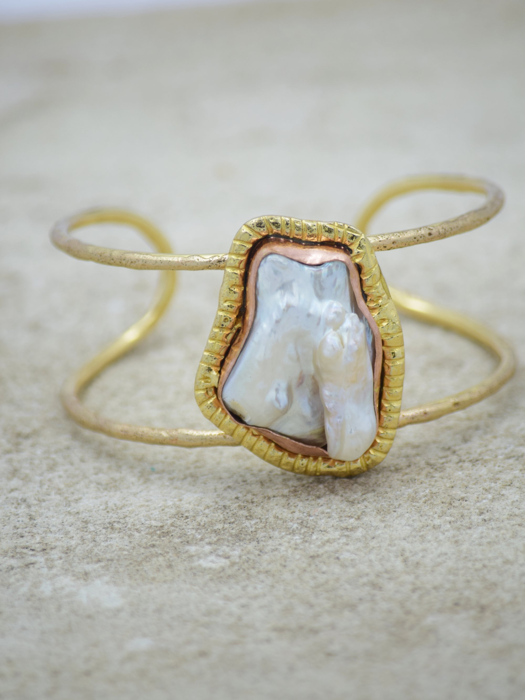 Gold Plated Mother of Pearl Semi Precious Stone Wavy Cuff Bracelet