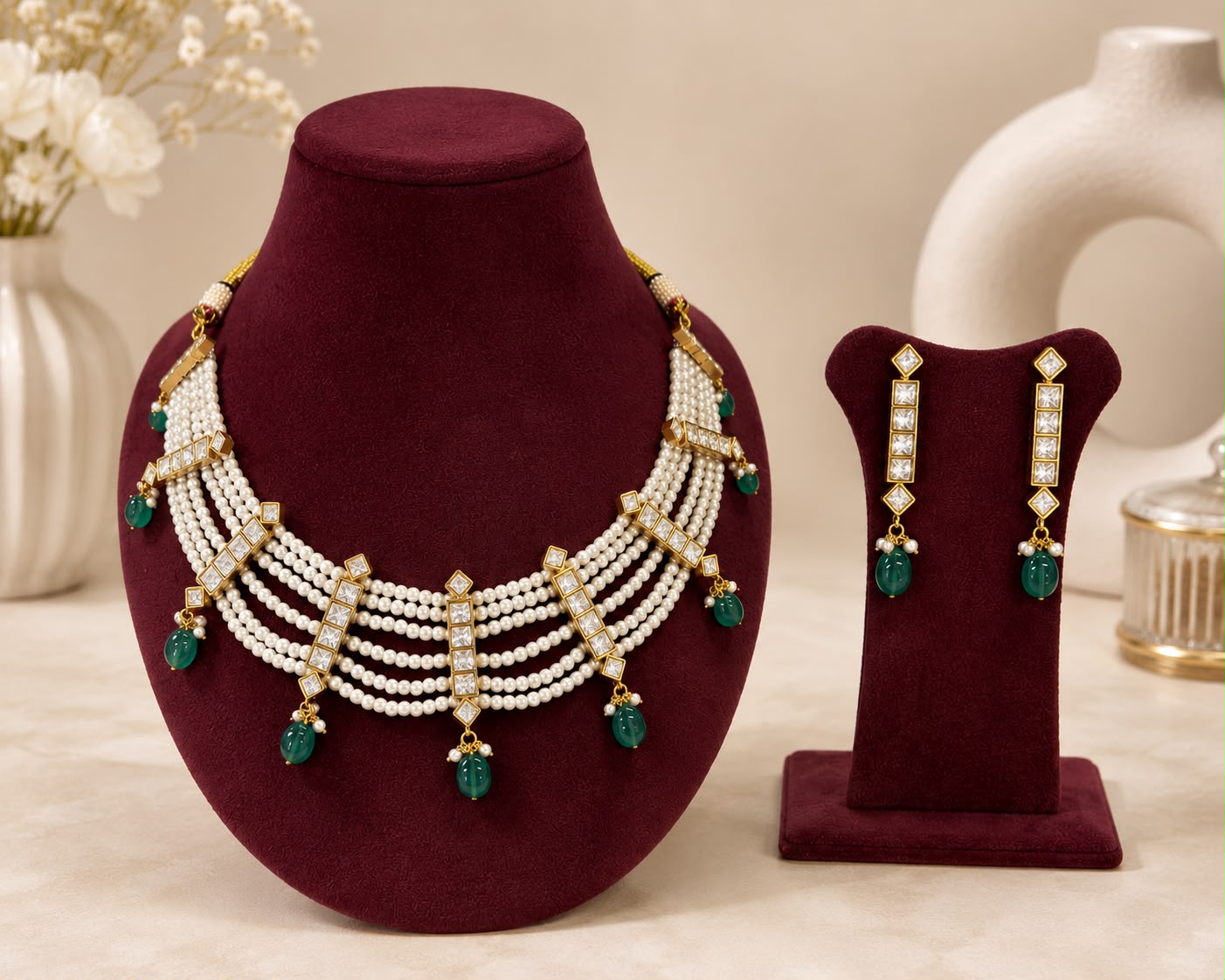 Emerald Kundan Pearl Elegance Set with Earrings - QUEENS JEWELS