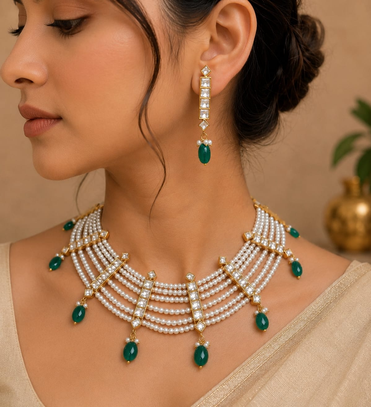 Emerald Kundan Pearl Elegance Set with Earrings - QUEENS JEWELS