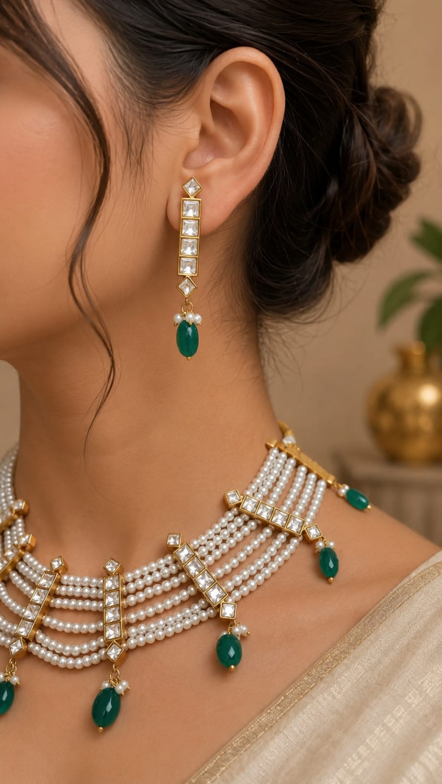 Emerald Kundan Pearl Elegance Set with Earrings - QUEENS JEWELS