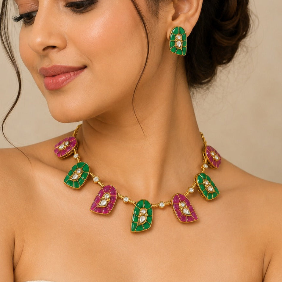 Emerald & Ruby Leaf Necklace Set