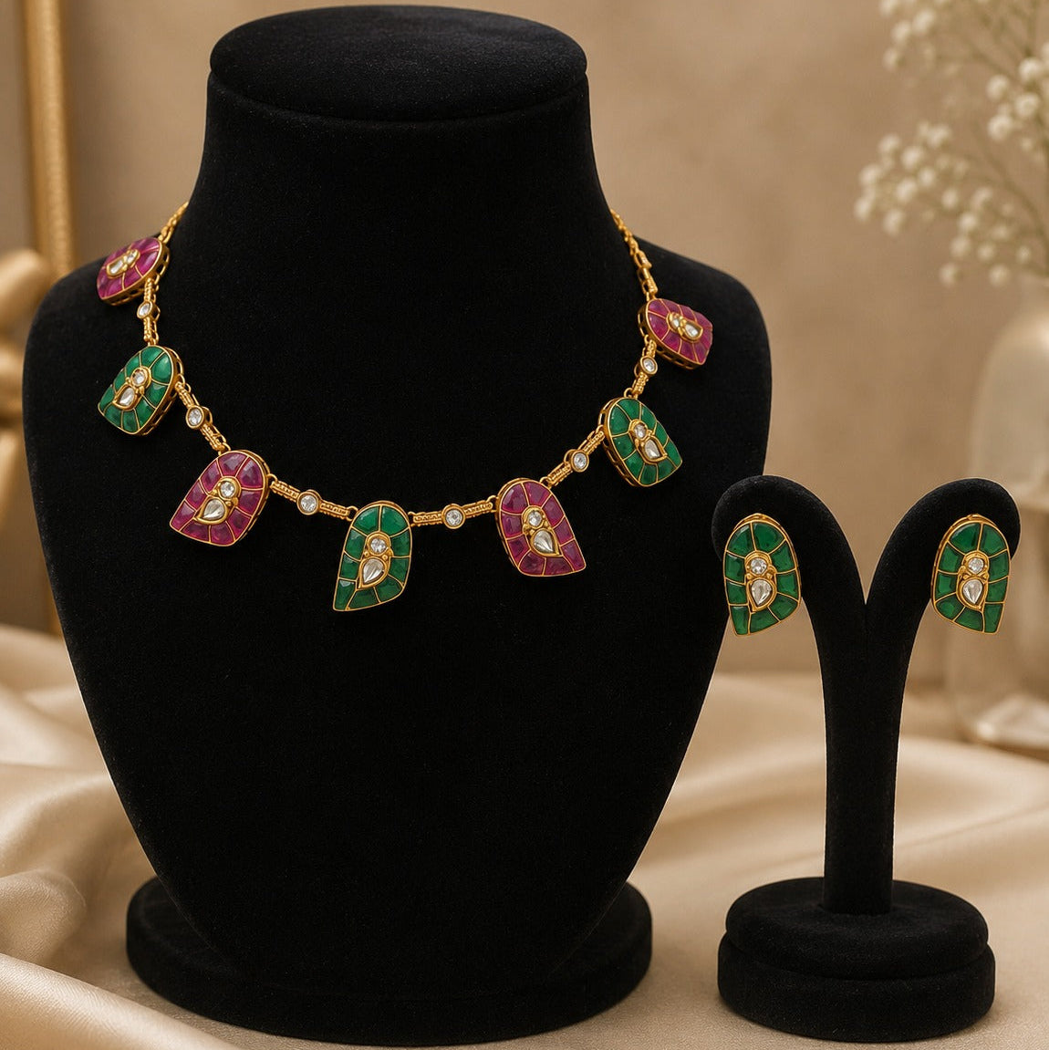 Emerald & Ruby Leaf Necklace Set1