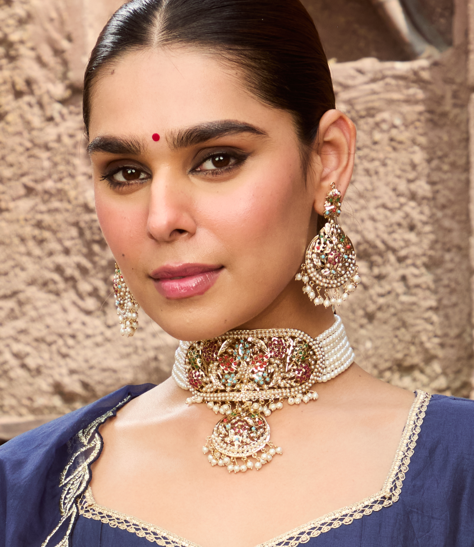 Bridal Navratan Jadau Neckhugging Choker Set (Choker With Earrings Set) - QUEENS JEWELS