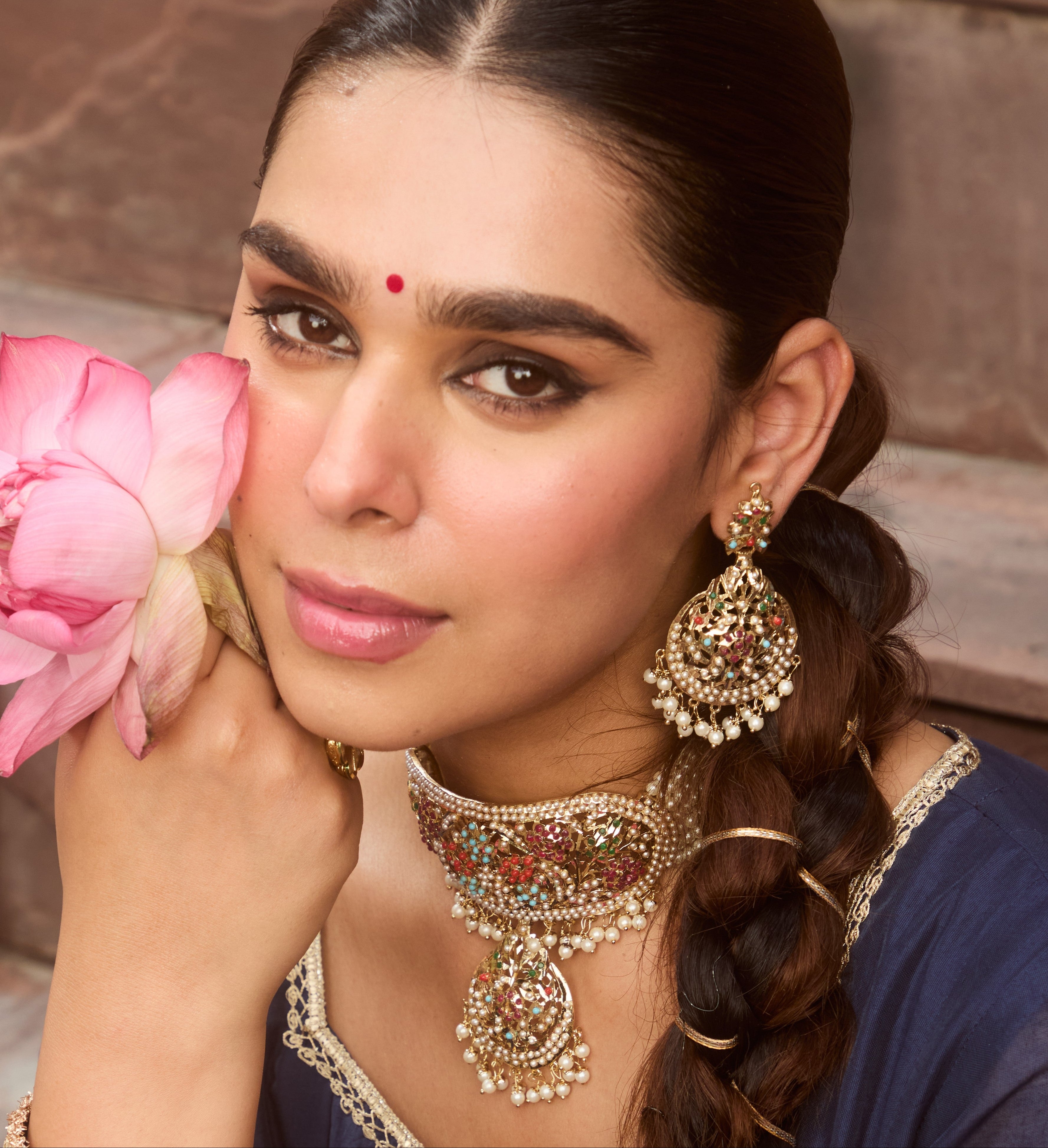 Bridal Navratan Jadau Neckhugging Choker Set (Choker With Earrings Set) - QUEENS JEWELS