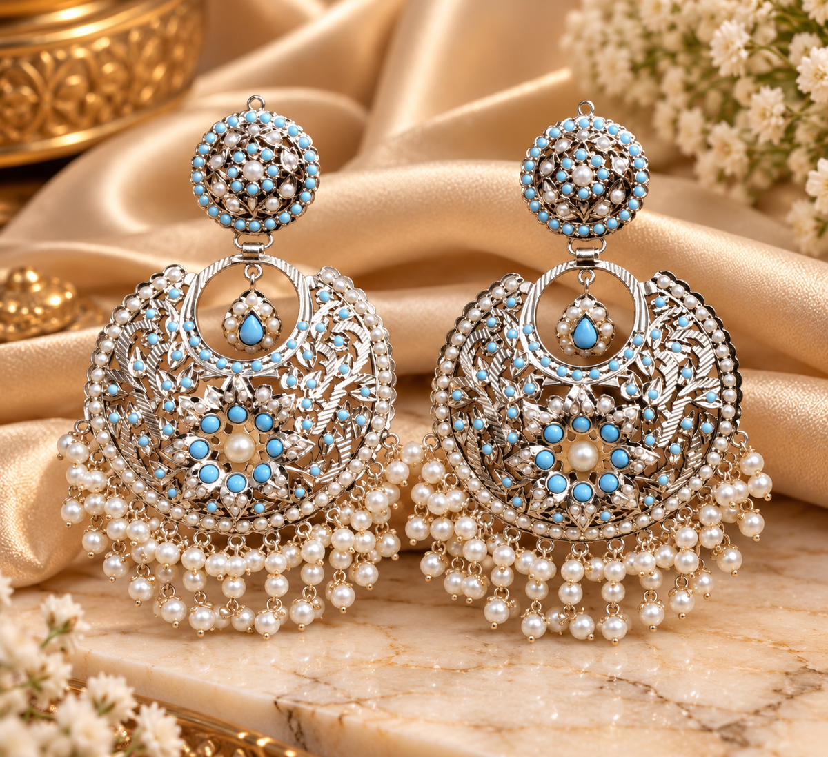 Firoza Opal Jadau Chandbali Earrings