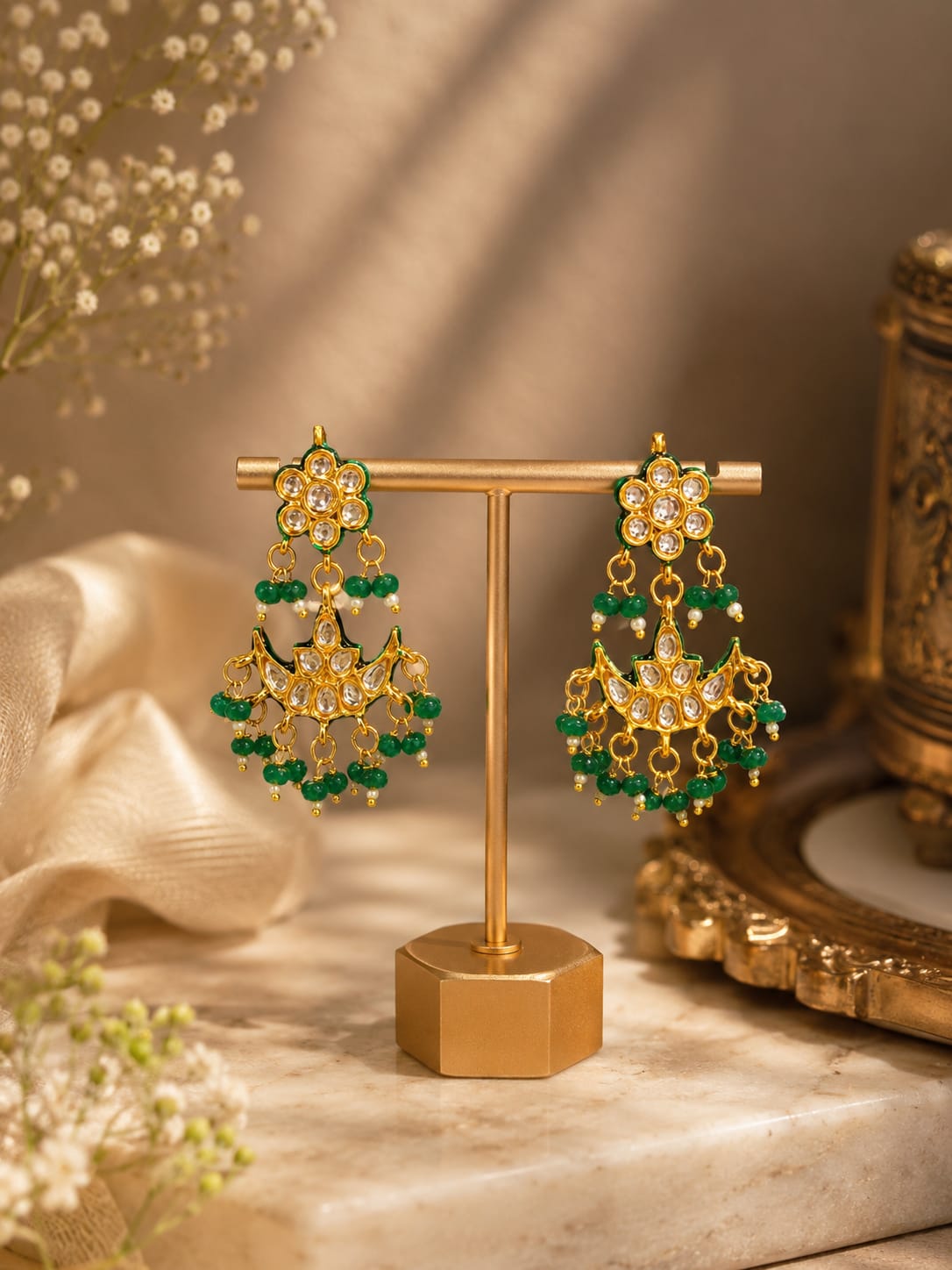 Jade Kundan Chaandbali Earrings - QUEENS JEWELS 
