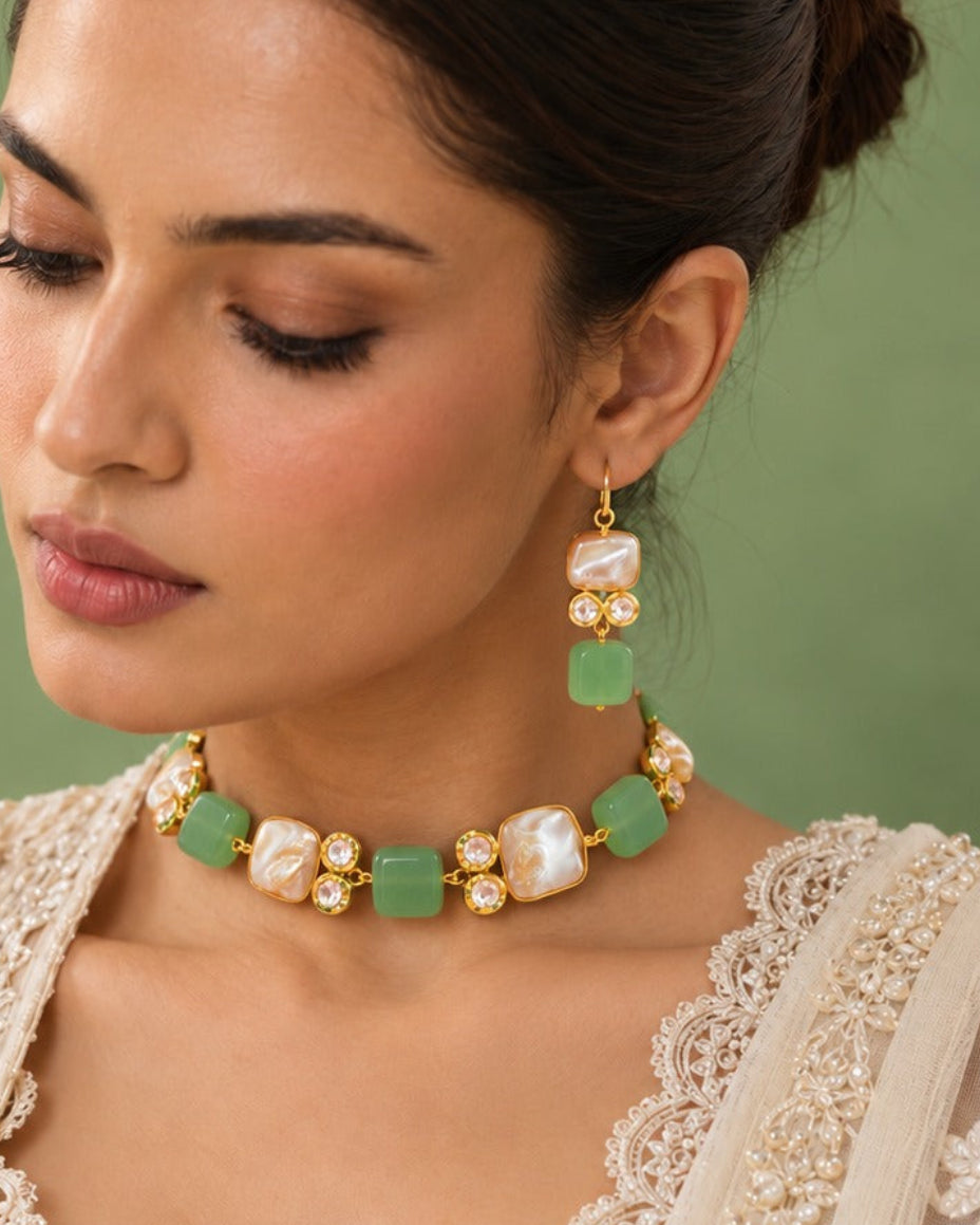 Green Baroque Pearl Kundan Necklace Set