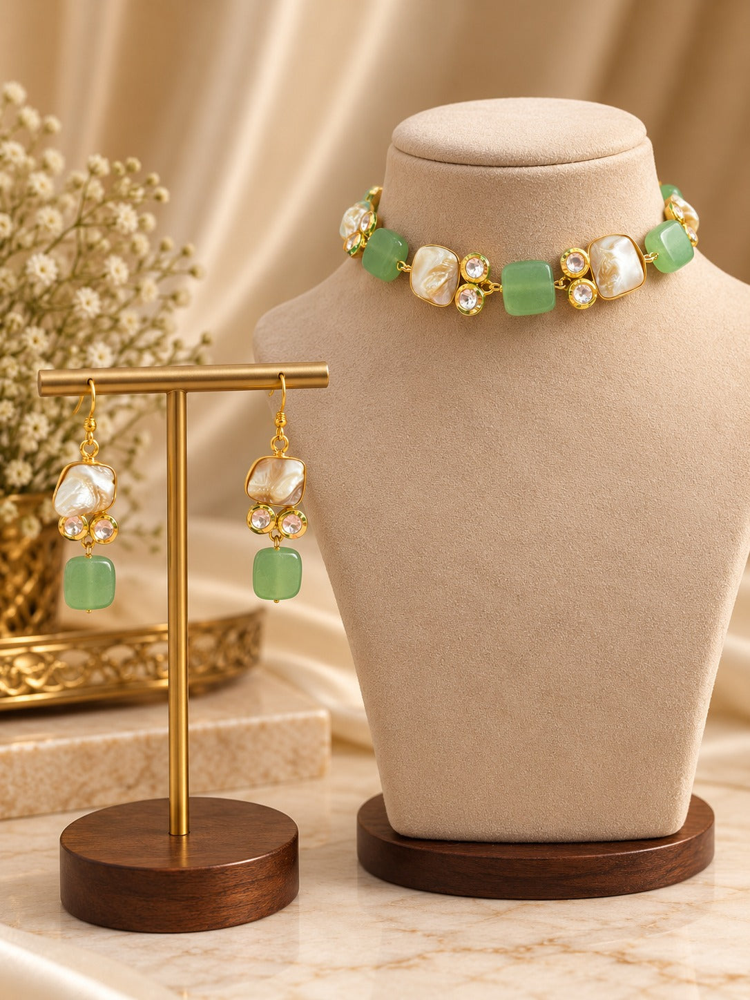 Green Baroque Pearl Kundan Necklace Set