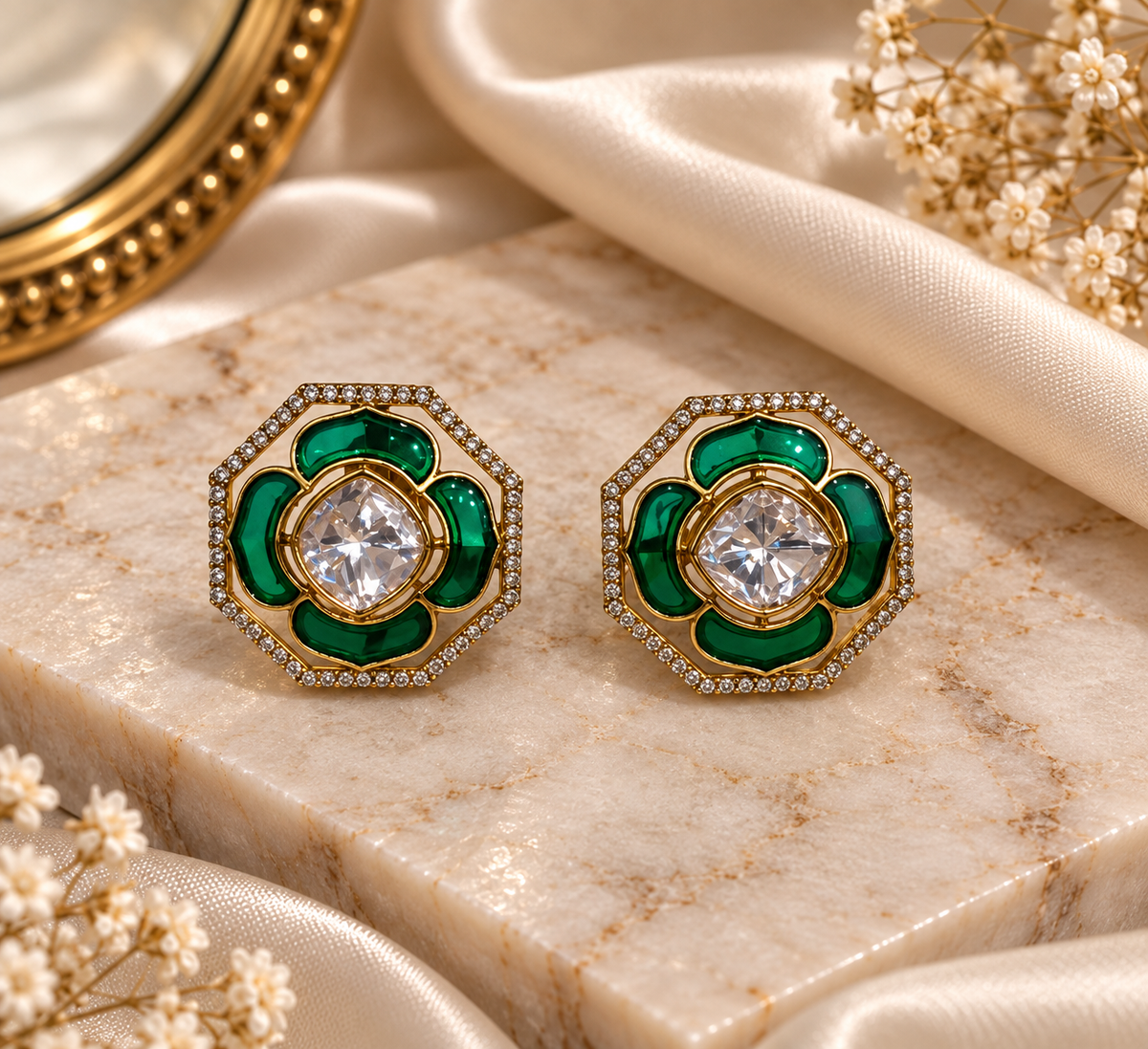 Green Floral looking Studs Earrings 