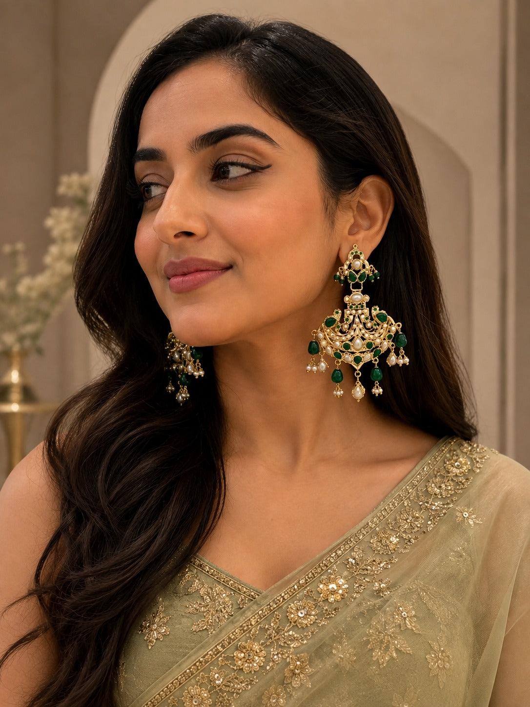 Green Jadau Chandbali Earrings