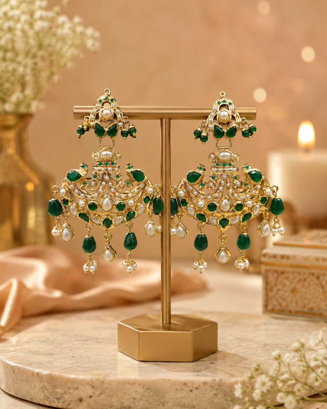 Green Jadau Chandbali Earrings