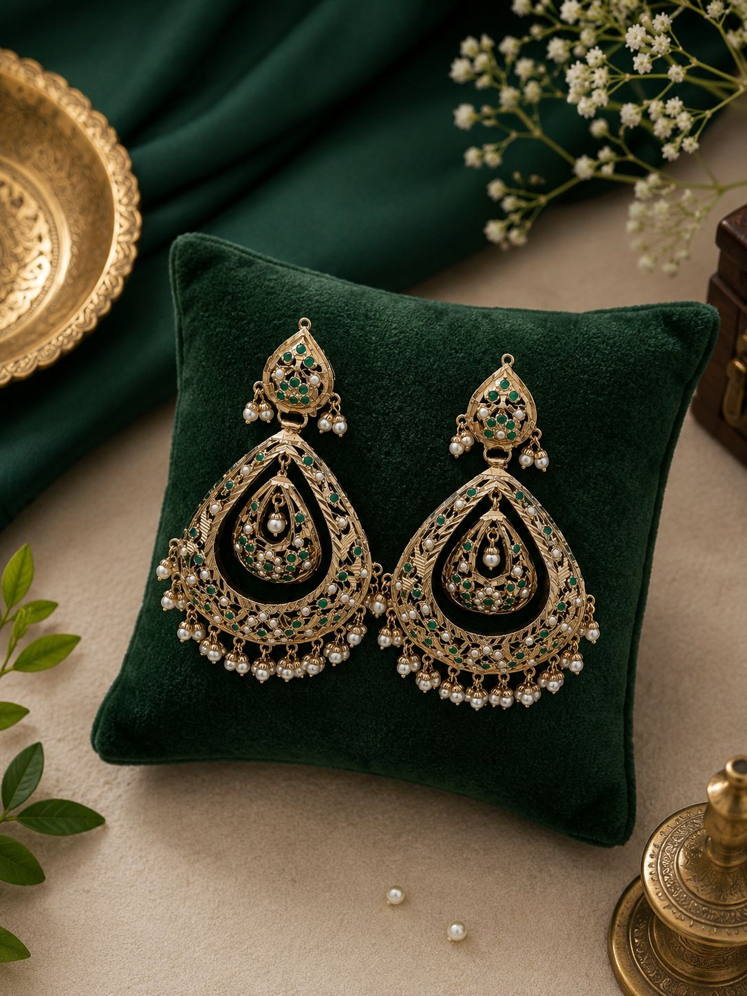 Green Jadau Jhumka Chandbali Earrings 